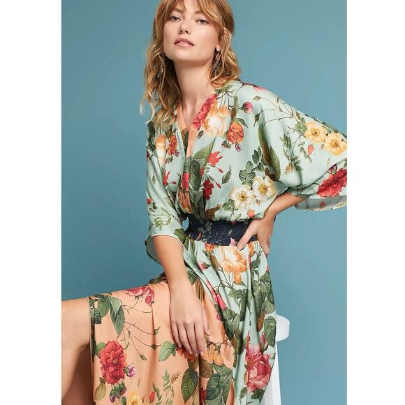Farm Rio Marilla NWT Floral Kimono Boho Maxi Dress FLAWED Anthropologie size XS - Picture 1 of 15
